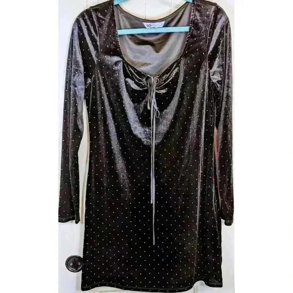 SO Goods 4 Life Long Sleeve Black Velvet Bodycon Cocktail Dress V Neck Size XL